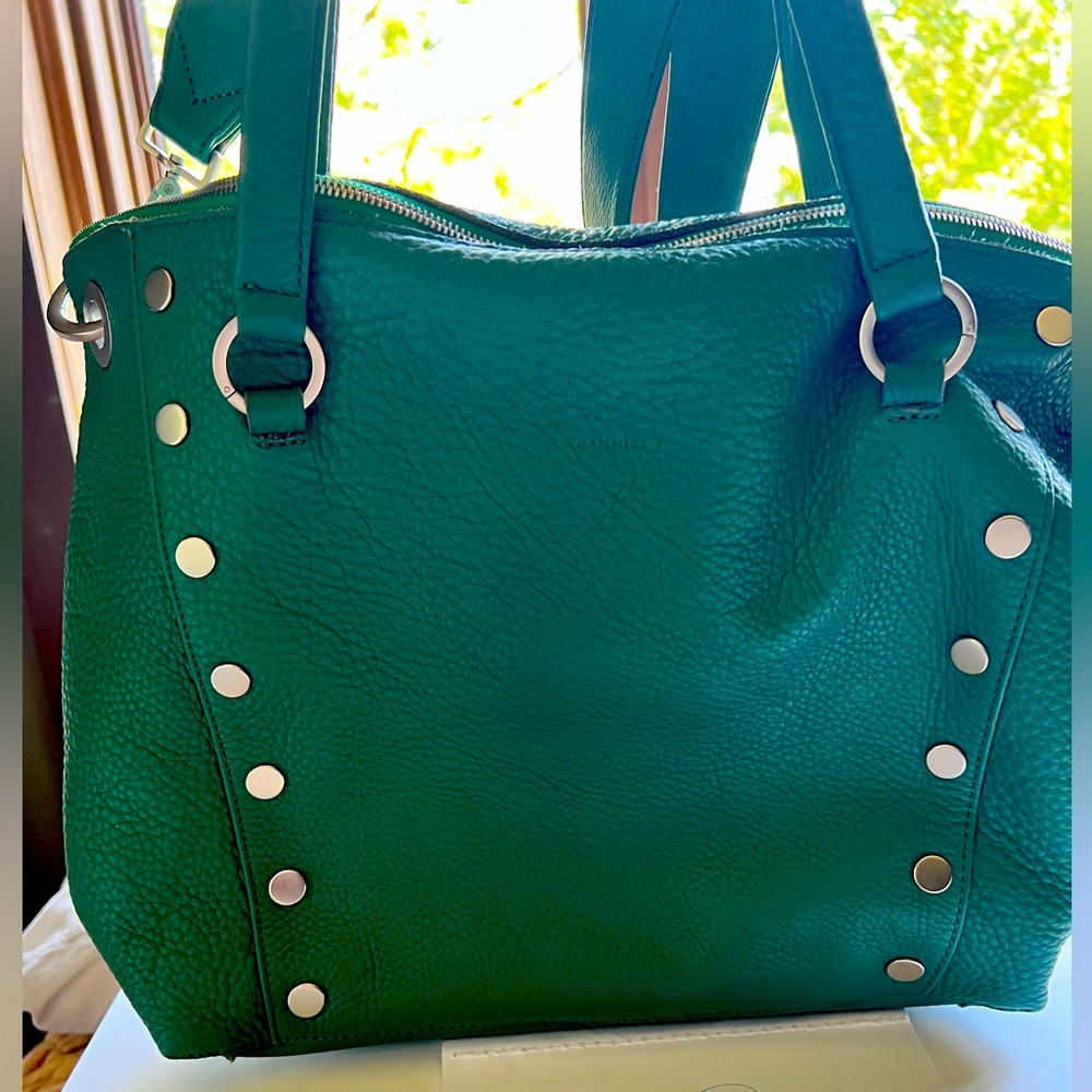 Hammitt Daniel Large Verdant Green with brushed silver hardware & suede lining.